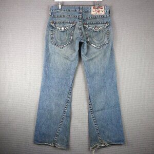 True Religion Wide Boot Cut Light Wash Distressed Denim Jeans Joey 31x33 USA